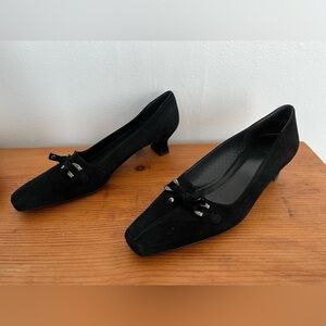 Stuart Weitzman Suede Bow Kitten Square Toe Heels